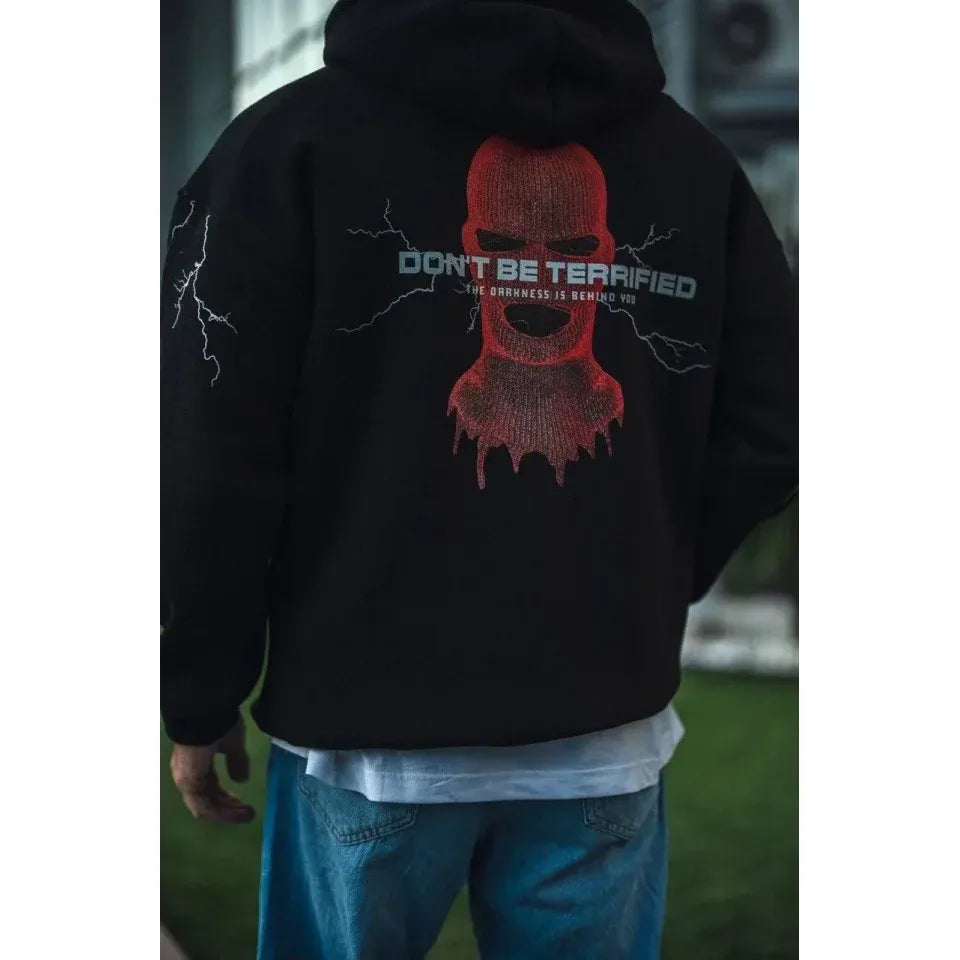 Üç İplik Kapüşonlu Baskılı Oversize SweatShirt- Siyah