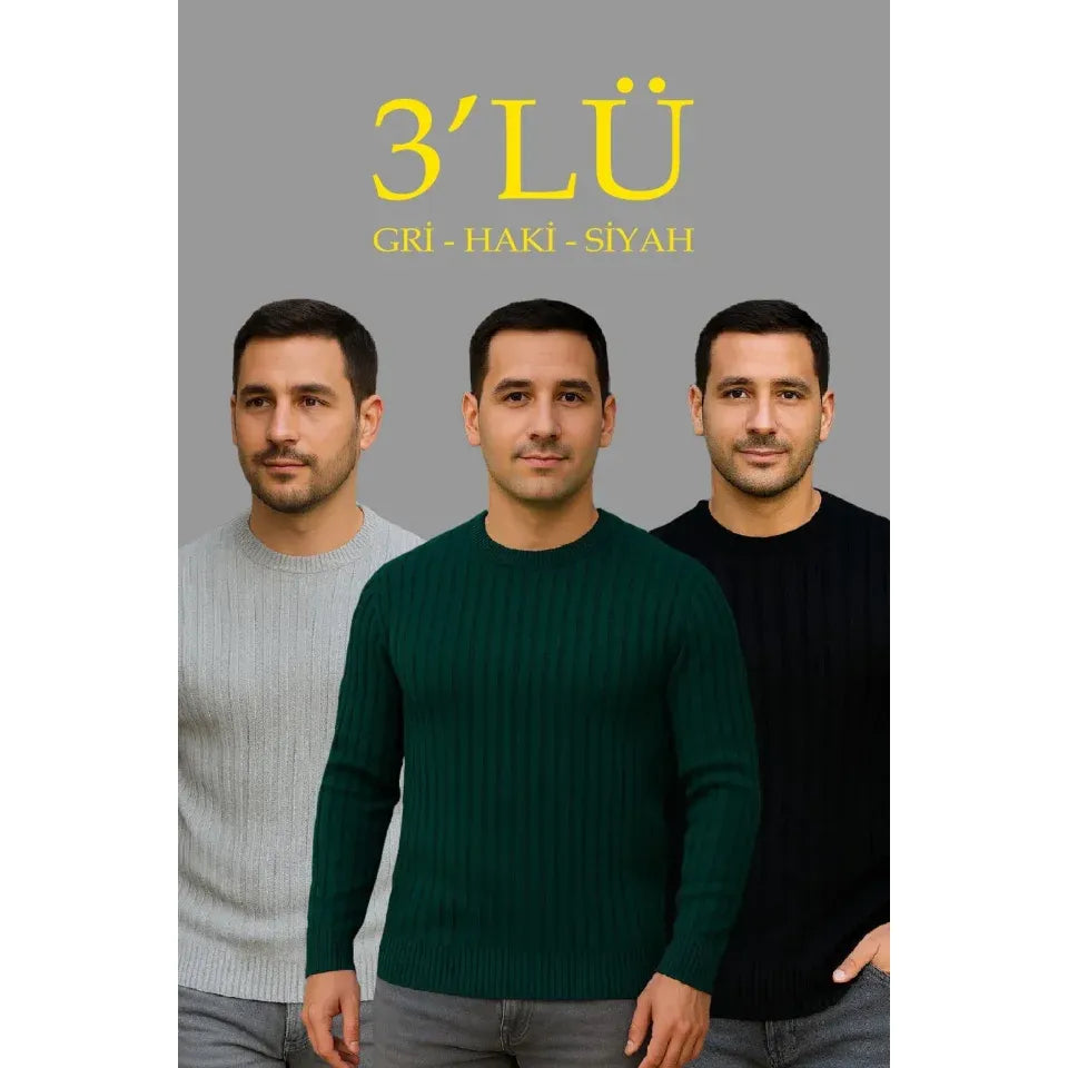 Erkek Fitilli Triko Kazak 3lü Set Gri Haki Siyah Regular Fit Bisiklet Yaka Triko Seti Modeli Kazak