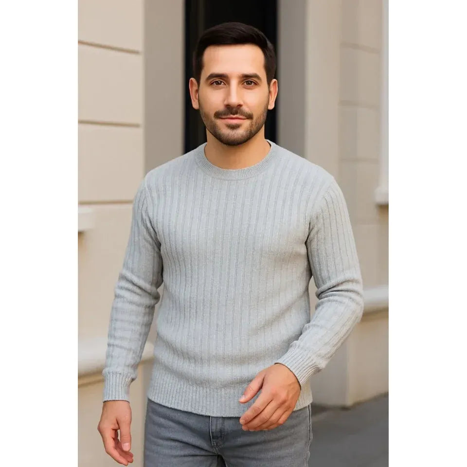 Erkek Fitilli Triko Kazak 3lü Set Gri Haki Siyah Regular Fit Bisiklet Yaka Triko Seti Modeli Kazak