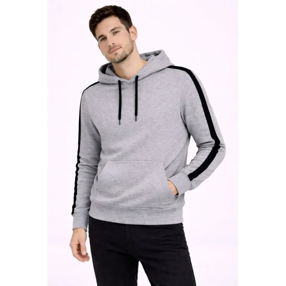 Erkek Şeritli Kapüşonlu Sweatshirt Oversize 3 Iplik Pamuklu - Gri