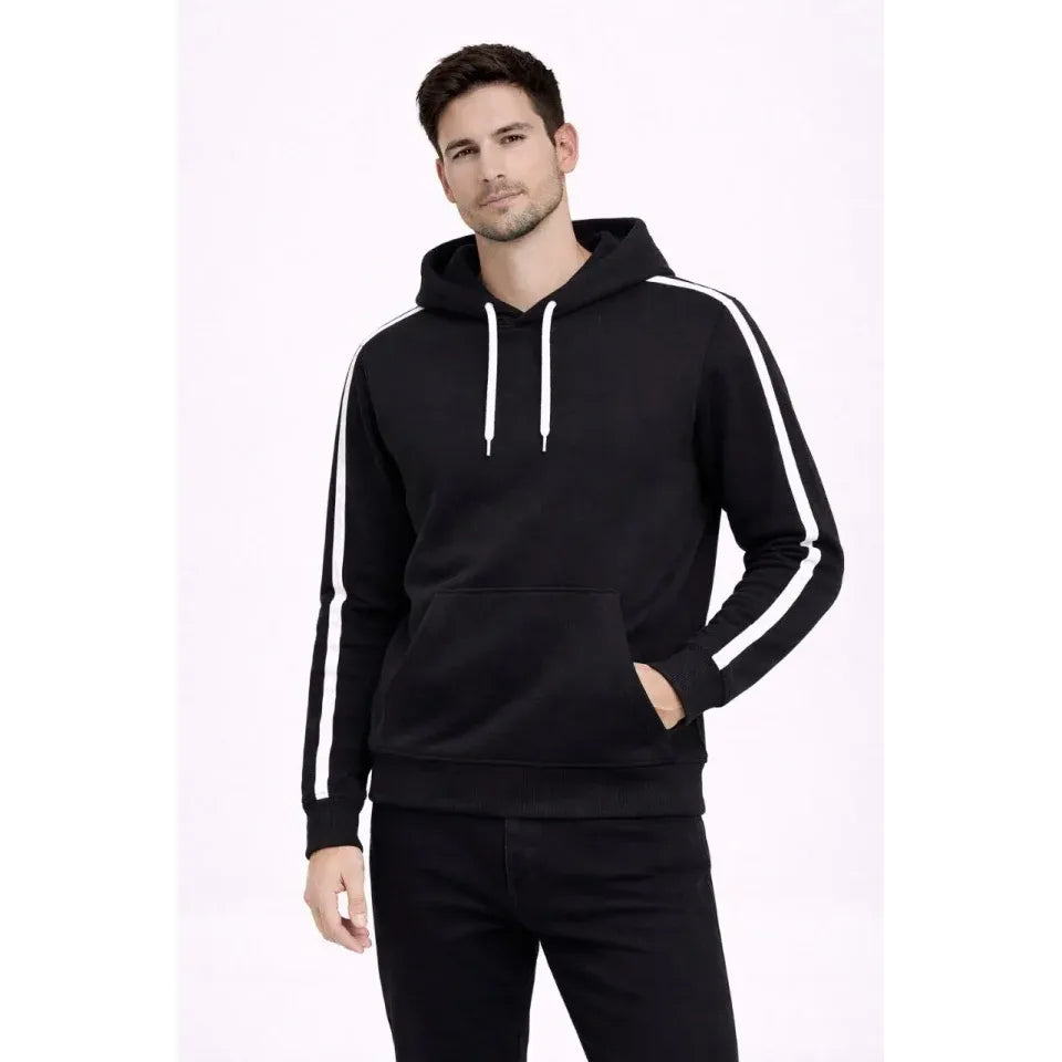 Erkek Şeritli Kapüşonlu Sweatshirt Oversize 3 Iplik Pamuklu - Siyah