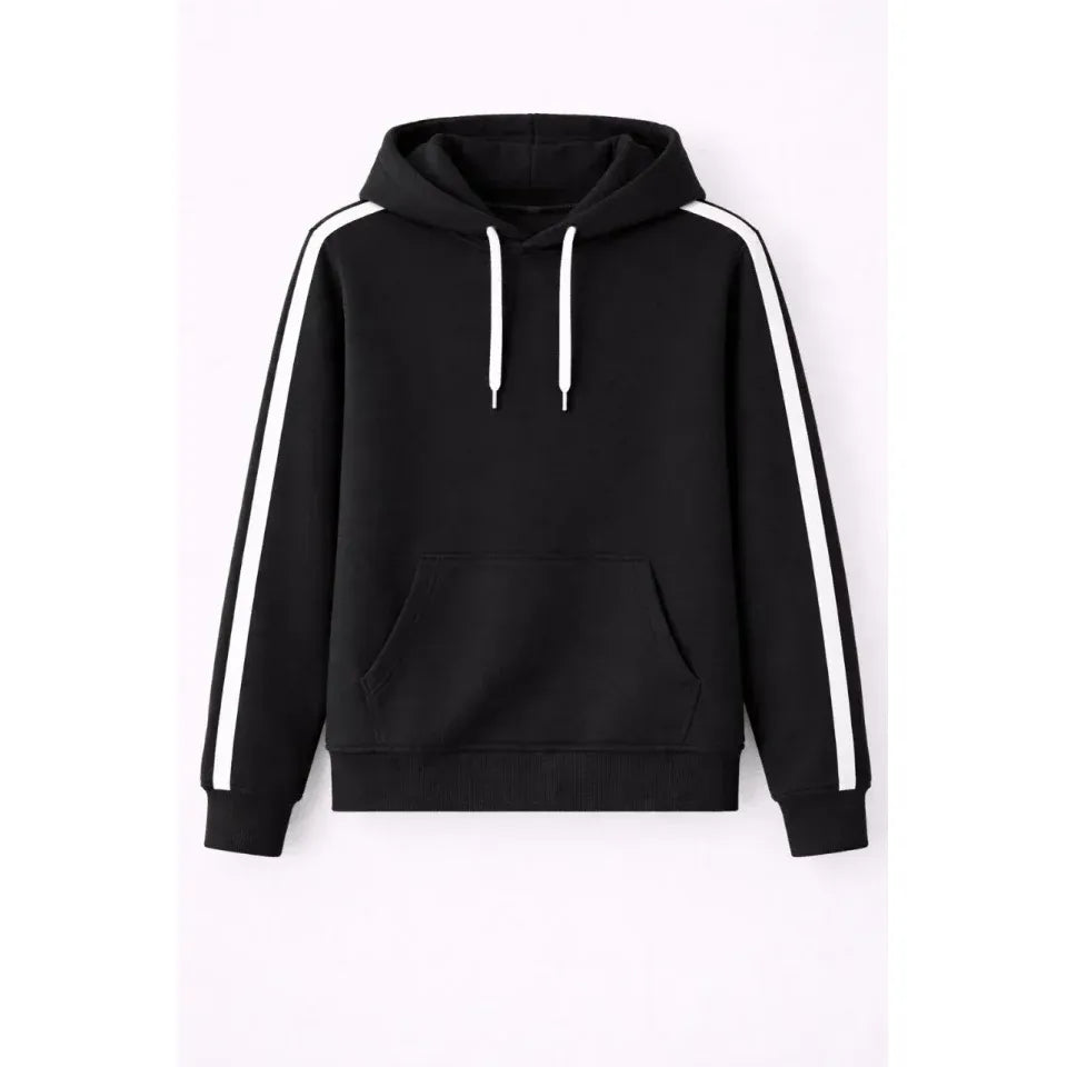 Erkek Şeritli Kapüşonlu Sweatshirt Oversize 3 Iplik Pamuklu - Siyah