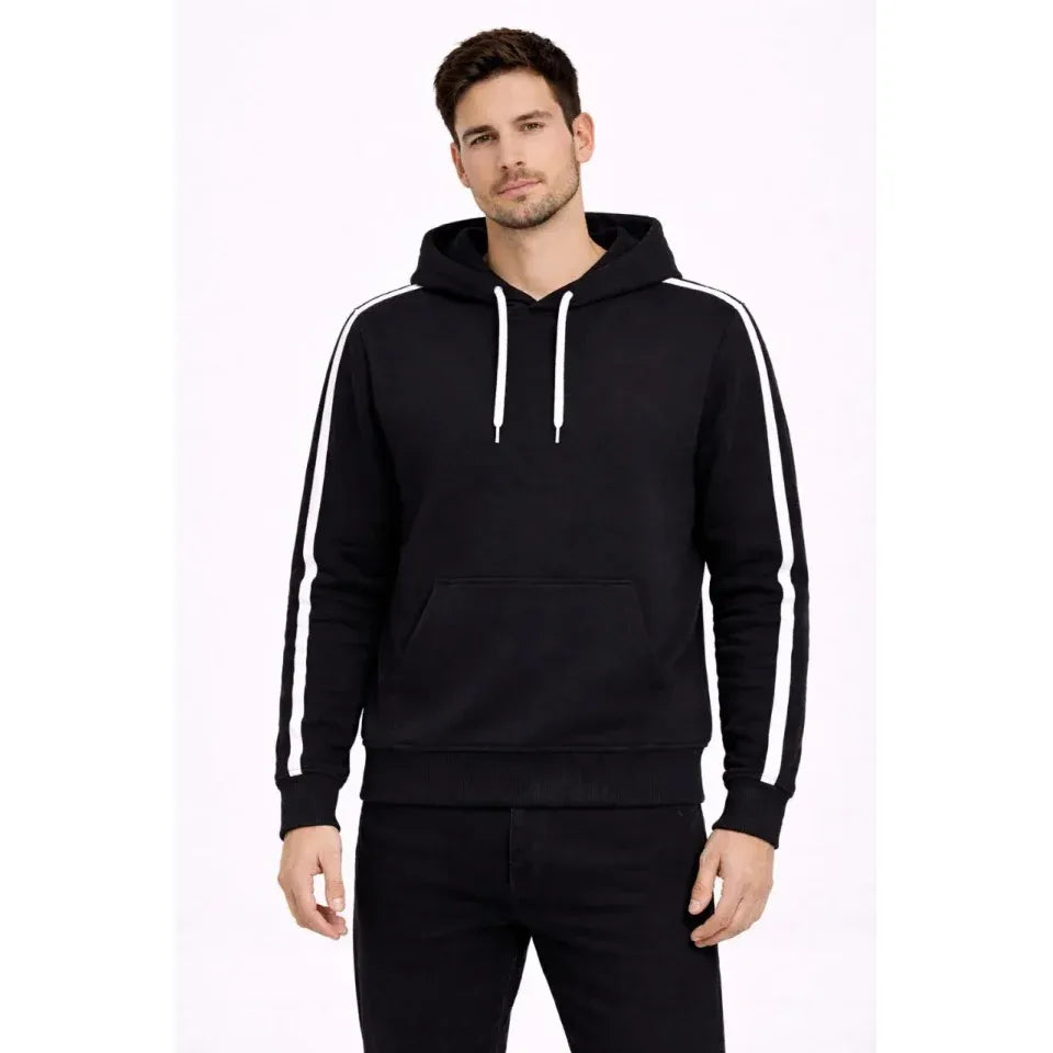 Erkek Şeritli Kapüşonlu Sweatshirt Oversize 3 Iplik Pamuklu - Siyah