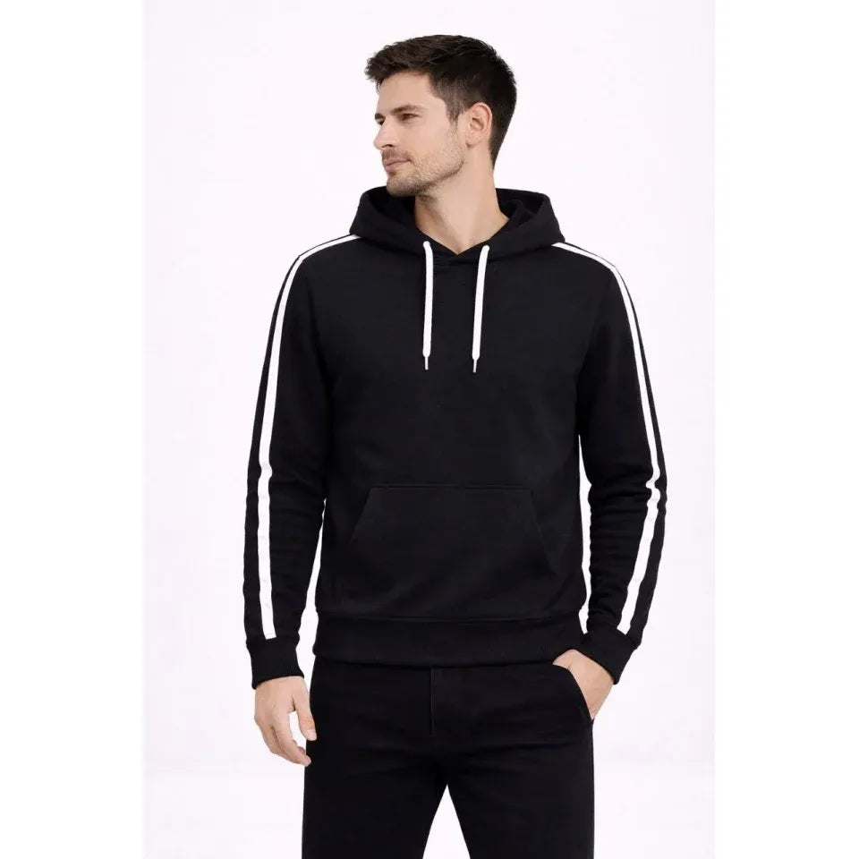 Erkek Şeritli Kapüşonlu Sweatshirt Oversize 3 Iplik Pamuklu - Siyah