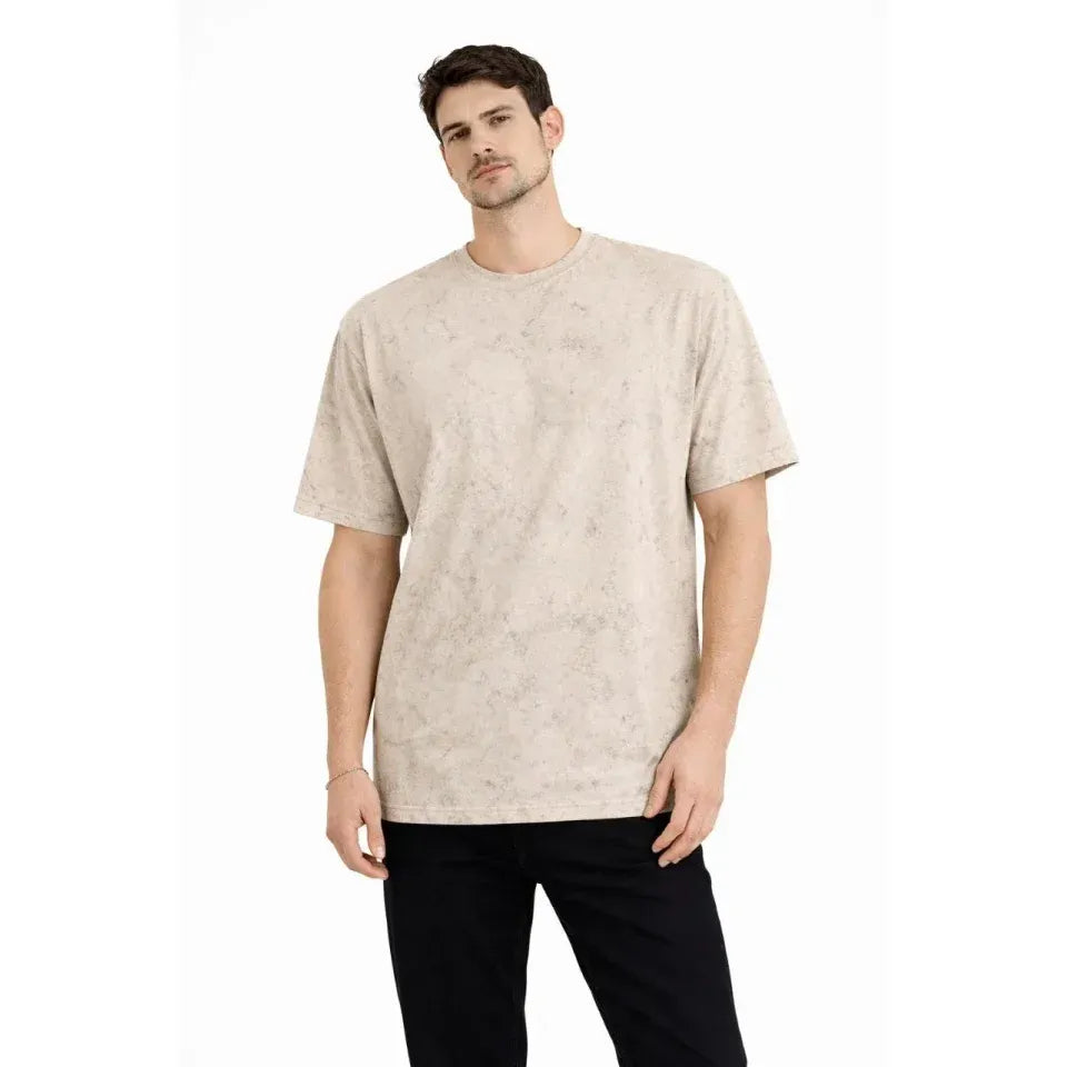 Erkek Asit Yıkama Bisiklet Yaka Kısa Kollu Oversize T-Shirt Tişört - Bej
