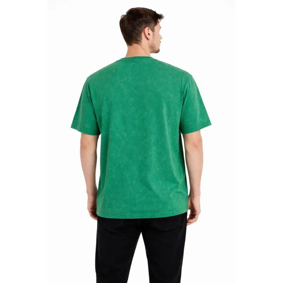 Erkek Asit Yıkama Bisiklet Yaka Kısa Kollu Oversize T-Shirt Tişört - Yeşil