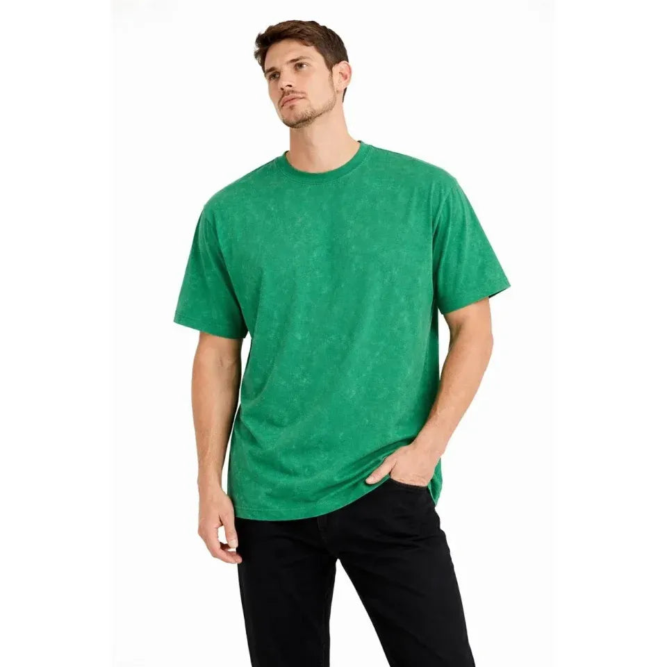 Erkek Asit Yıkama Bisiklet Yaka Kısa Kollu Oversize T-Shirt Tişört - Yeşil