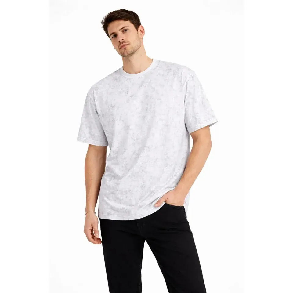 Erkek Asit Yıkama Bisiklet Yaka Kısa Kollu Oversize T-Shirt Tişört - Beyaz