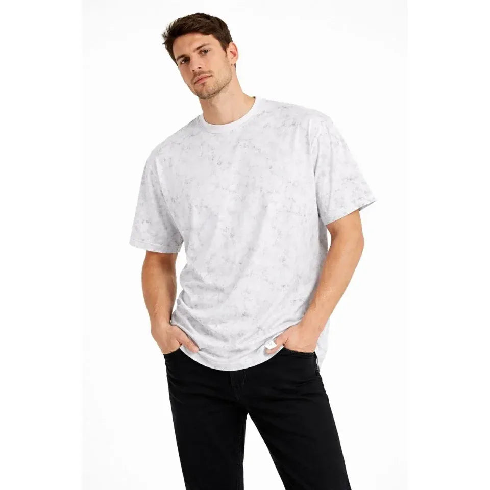 Erkek Asit Yıkama Bisiklet Yaka Kısa Kollu Oversize T-Shirt Tişört - Beyaz