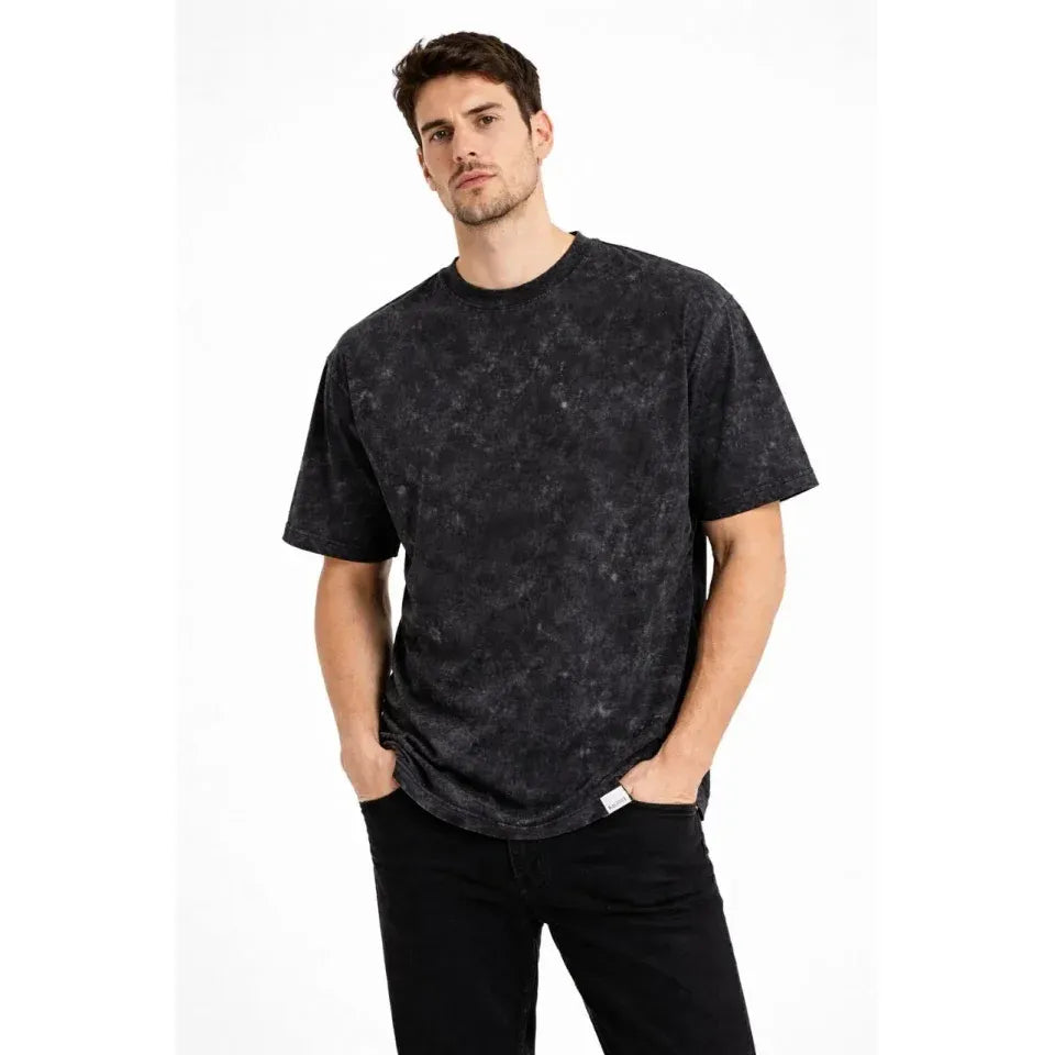 Erkek Asit Yıkama Bisiklet Yaka Kısa Kollu Oversize T-Shirt Tişört - Siyah
