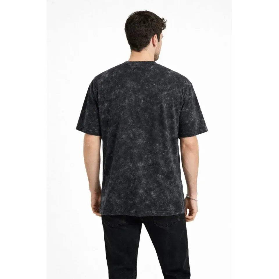 Erkek Asit Yıkama Bisiklet Yaka Kısa Kollu Oversize T-Shirt Tişört - Siyah