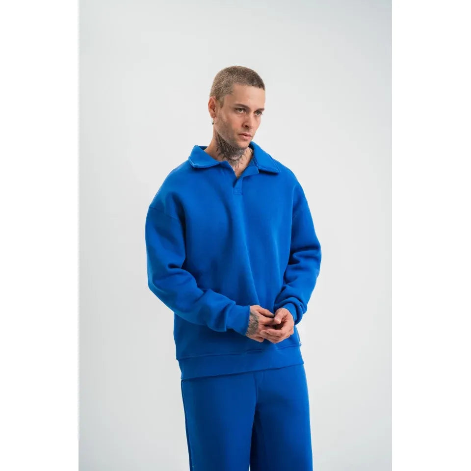 Erkek Patlı Yaka Üç İplik Pamuklu Sweatshirt Double Oversize Rahat Kalıp Günlük Kullanım - Mavi