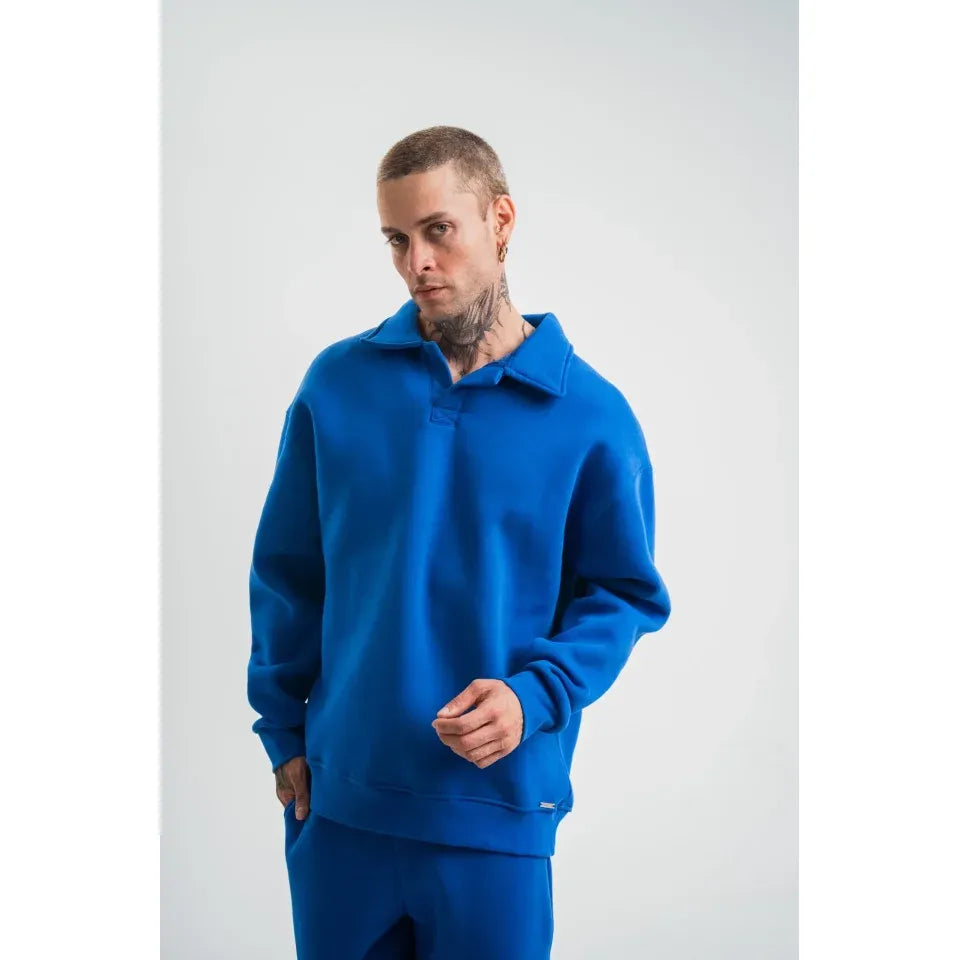 Erkek Patlı Yaka Üç İplik Pamuklu Sweatshirt Double Oversize Rahat Kalıp Günlük Kullanım - Mavi