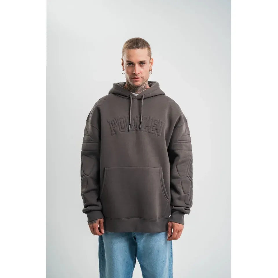 Erkek Nakış İşlemeli Kapşonlu Antrasit Sweatshirt Üç İplik Double Oversize- Füme