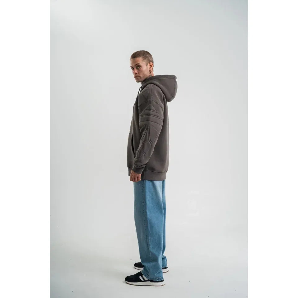 Erkek Nakış İşlemeli Kapşonlu Antrasit Sweatshirt Üç İplik Double Oversize- Füme