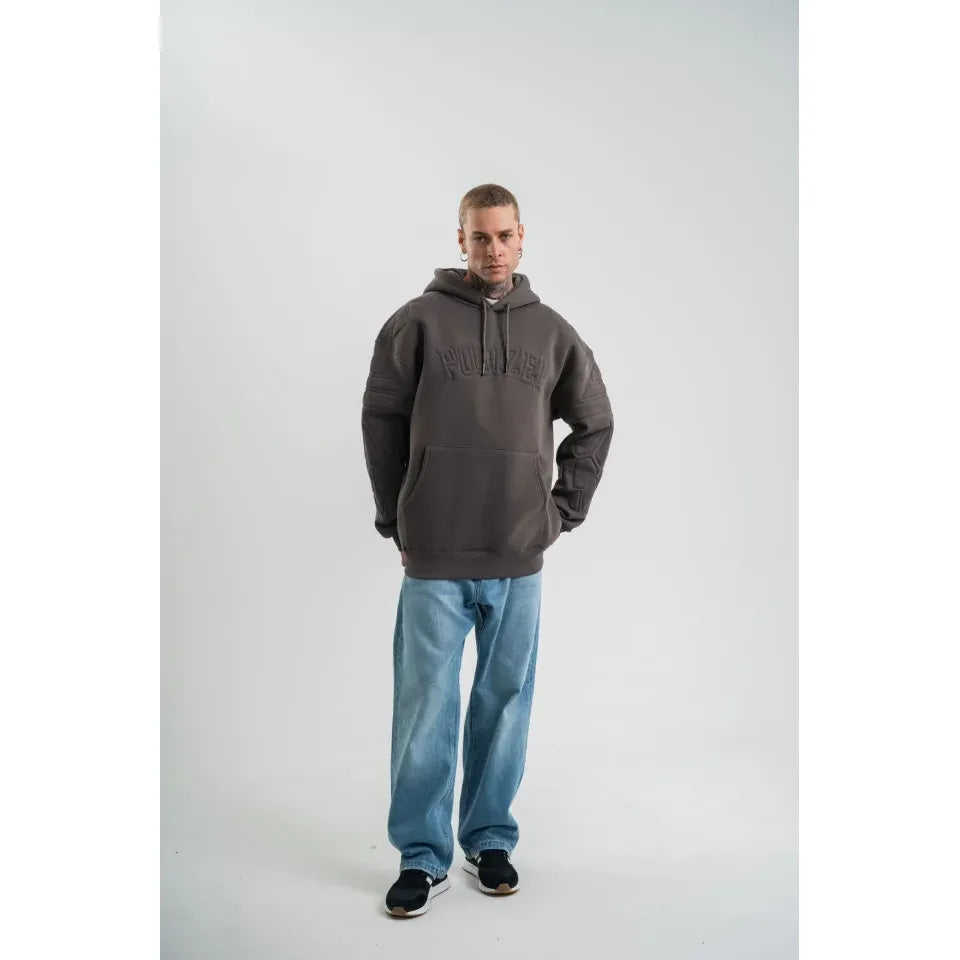 Erkek Nakış İşlemeli Kapşonlu Antrasit Sweatshirt Üç İplik Double Oversize- Füme