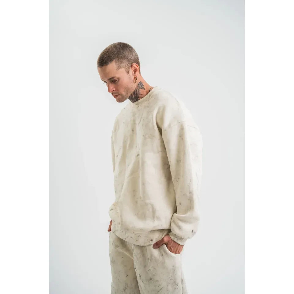 Erkek 3 İplik Pamuklu Yağ Yıkamalı Sweatshirt Double Oversize Bisiklet Yaka Uzun Kol - Krem