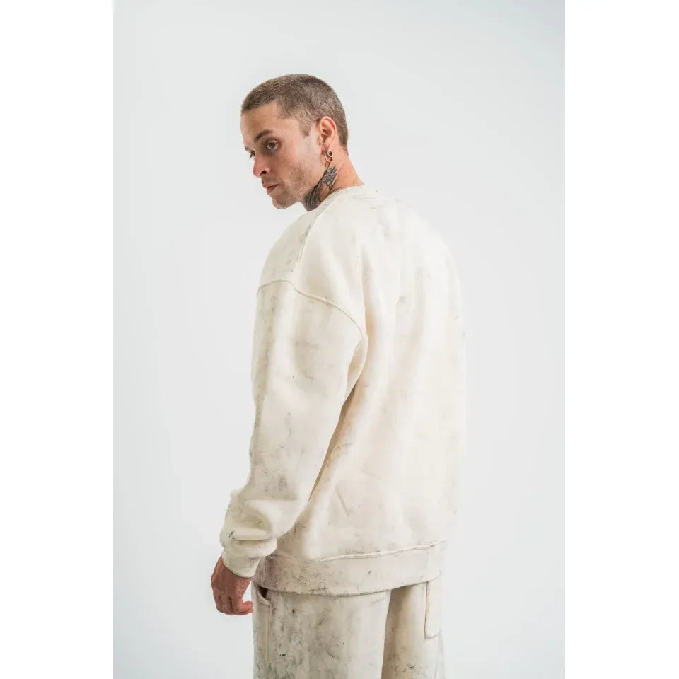 Erkek 3 İplik Pamuklu Yağ Yıkamalı Sweatshirt Double Oversize Bisiklet Yaka Uzun Kol - Krem