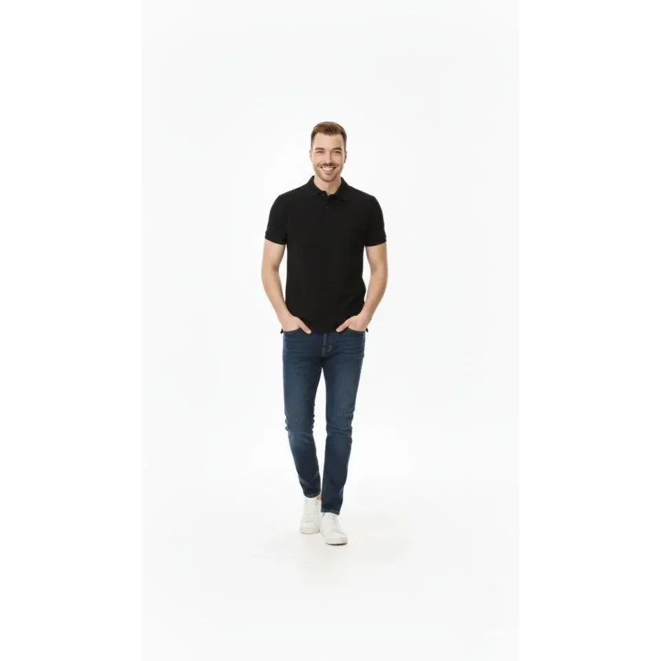 Erkek Pike Kumaş Düğmeli Yaka Regular Fit Günlük Kısa Kol Tişört T-shirt - Siyah