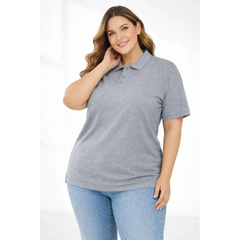 Pike Kumaş Düğmeli Yaka Battal Büyük Beden Günlük Kısa Kol Tişört T-shirt - Gri