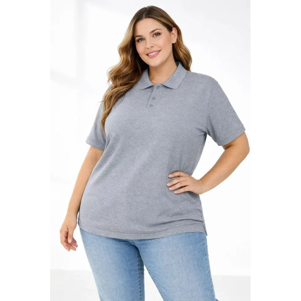 Pike Kumaş Düğmeli Yaka Battal Büyük Beden Günlük Kısa Kol Tişört T-shirt - Gri