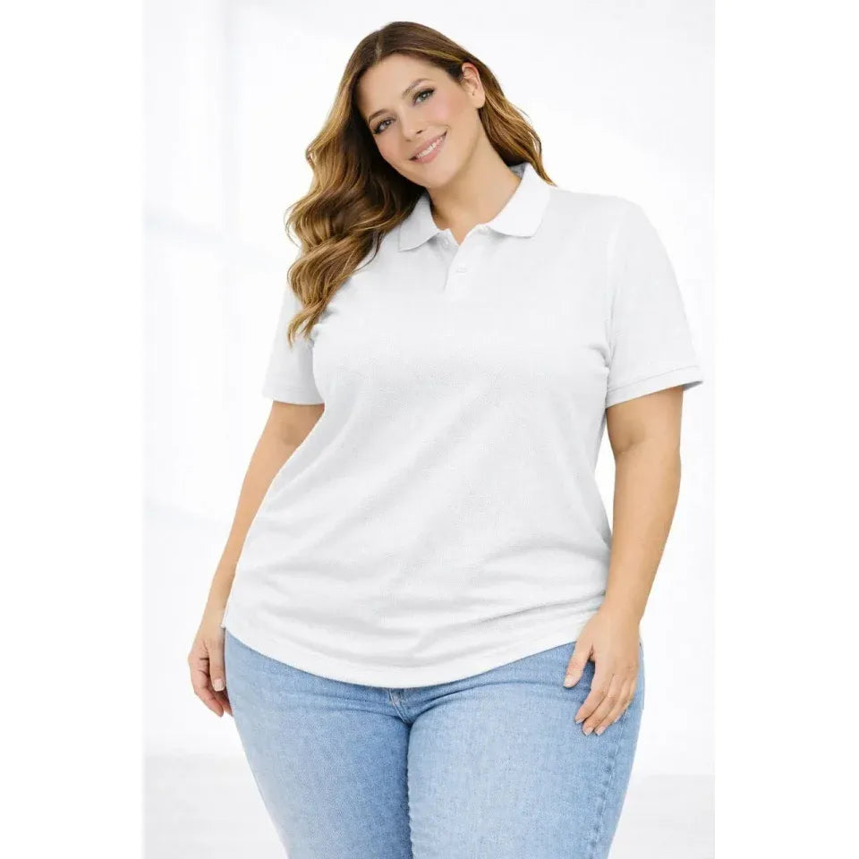Pike Kumaş Düğmeli Yaka Battal Büyük Beden Günlük Kısa Kol Tişört T-shirt - Beyaz