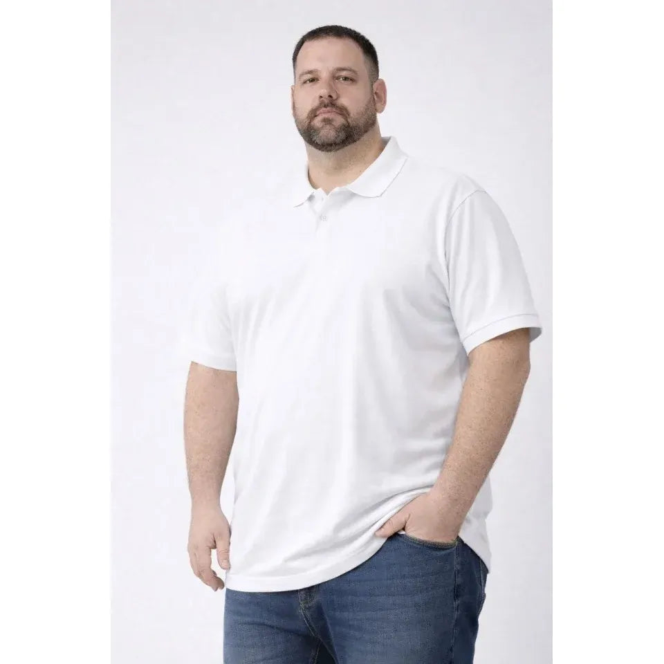 Erkek Pike Kumaş Düğmeli Yaka Battal Büyük Beden Günlük Kısa Kol Tişört T-shirt - Beyaz