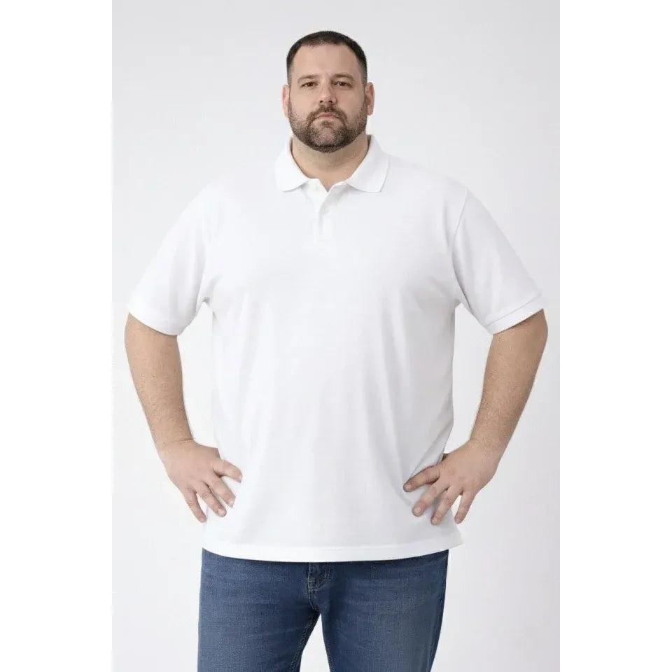 Erkek Pike Kumaş Düğmeli Yaka Battal Büyük Beden Günlük Kısa Kol Tişört T-shirt - Beyaz