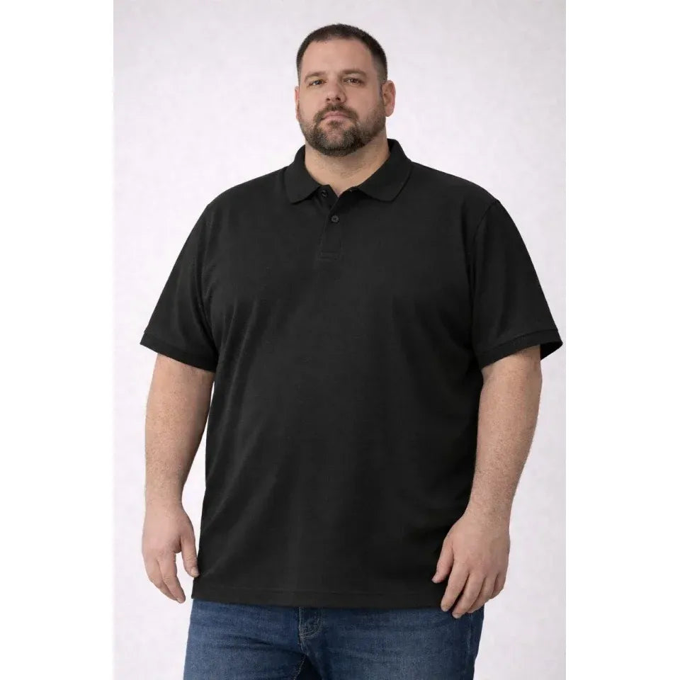 Erkek Pike Kumaş Düğmeli Yaka Battal Büyük Beden Günlük Kısa Kol Tişört T-shirt - Siyah