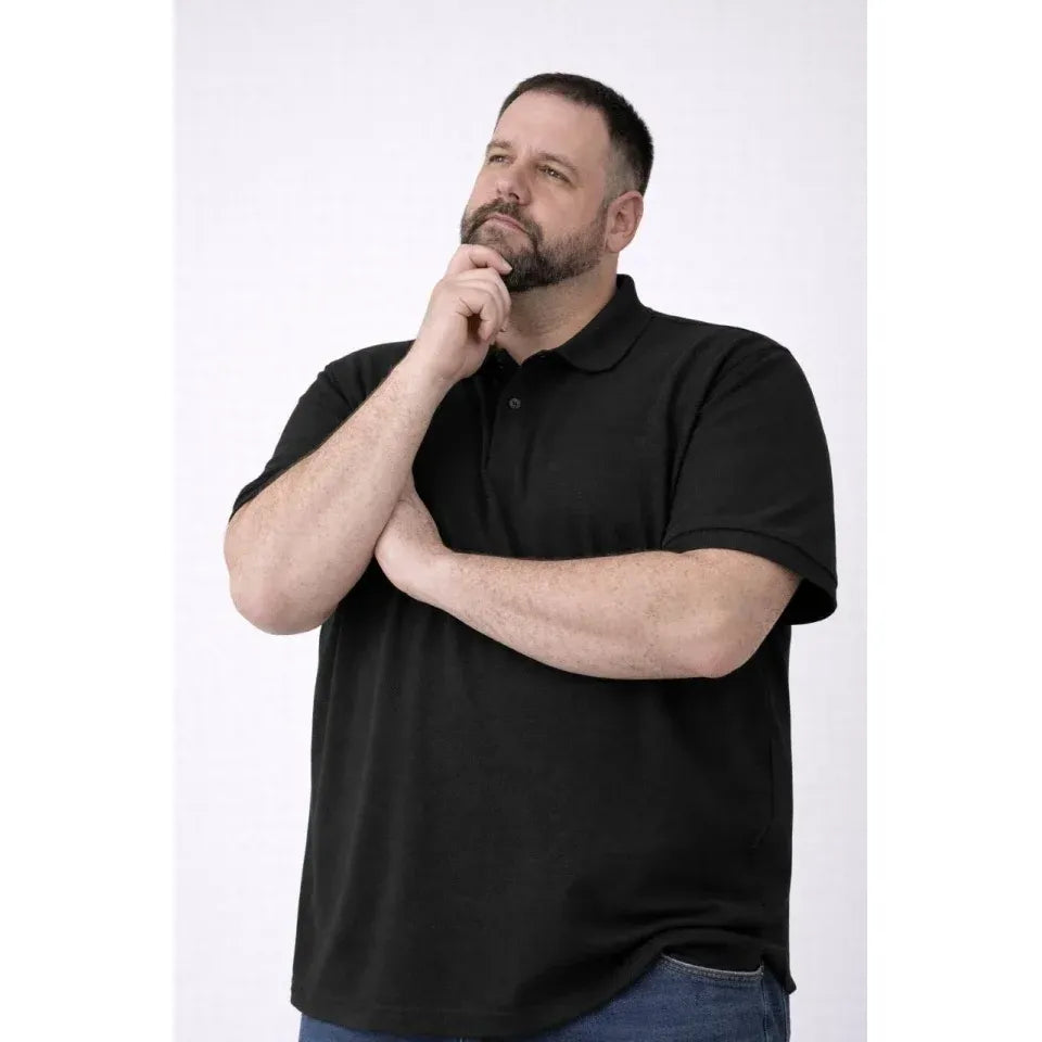 Erkek Pike Kumaş Düğmeli Yaka Battal Büyük Beden Günlük Kısa Kol Tişört T-shirt - Siyah