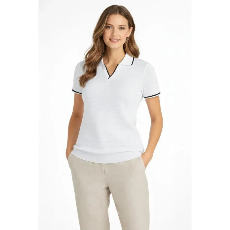 Triko Kumaş Yakalı Düğmesiz Açık Yaka Fitilli Kısa Kollu Regular Fit Tişört T-shirt - Beyaz