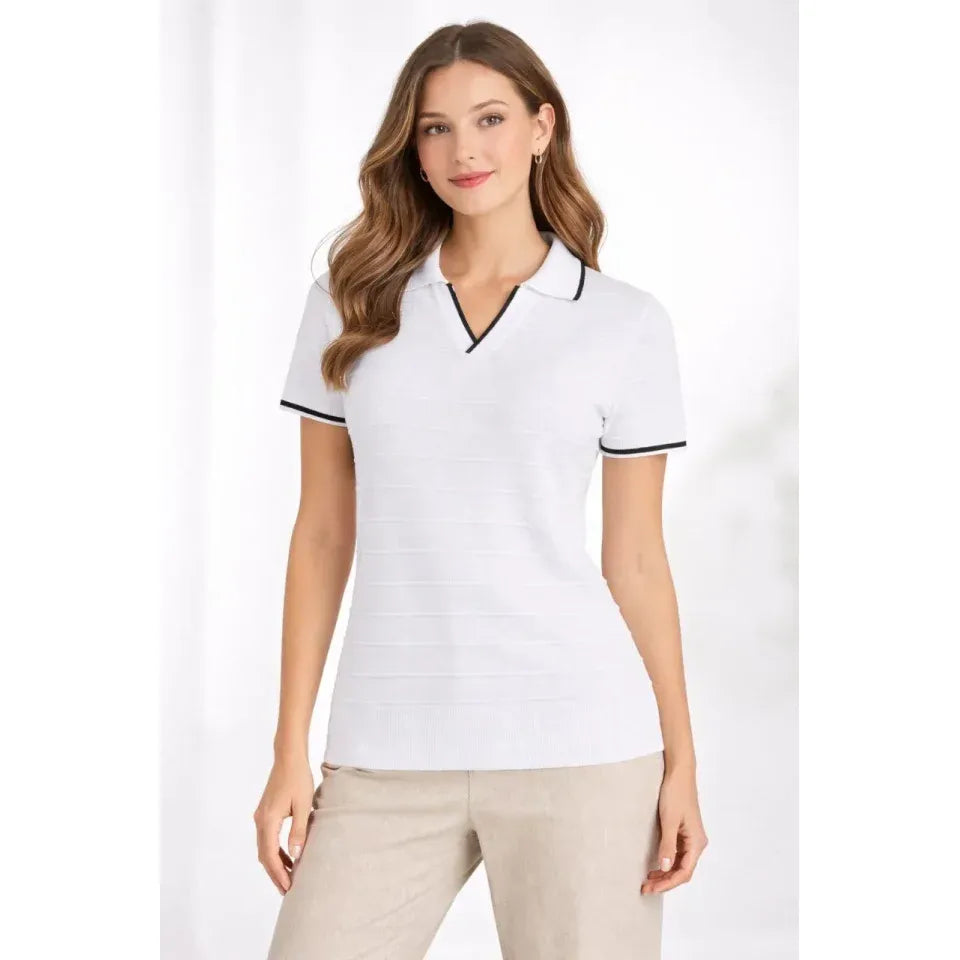 Triko Kumaş Yakalı Düğmesiz Açık Yaka Fitilli Kısa Kollu Regular Fit Tişört T-shirt - Beyaz