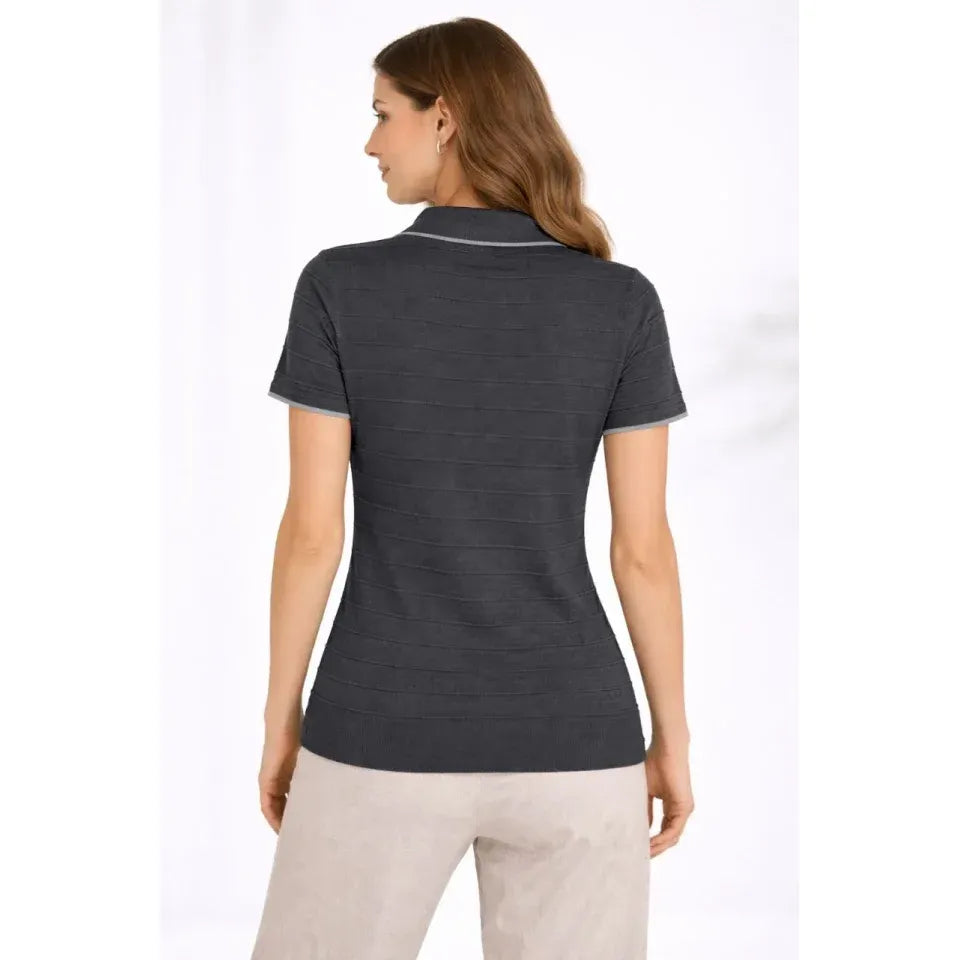 Triko Kumaş Yakalı Düğmesiz Açık Yaka Fitilli Kısa Kollu Regular Fit Tişört T-shirt - Siyah
