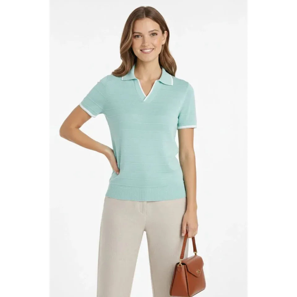 Triko Kumaş Yakalı Düğmesiz Açık Yaka Fitilli Kısa Kollu Regular Fit Tişört T-shirt - Mint Yeşili
