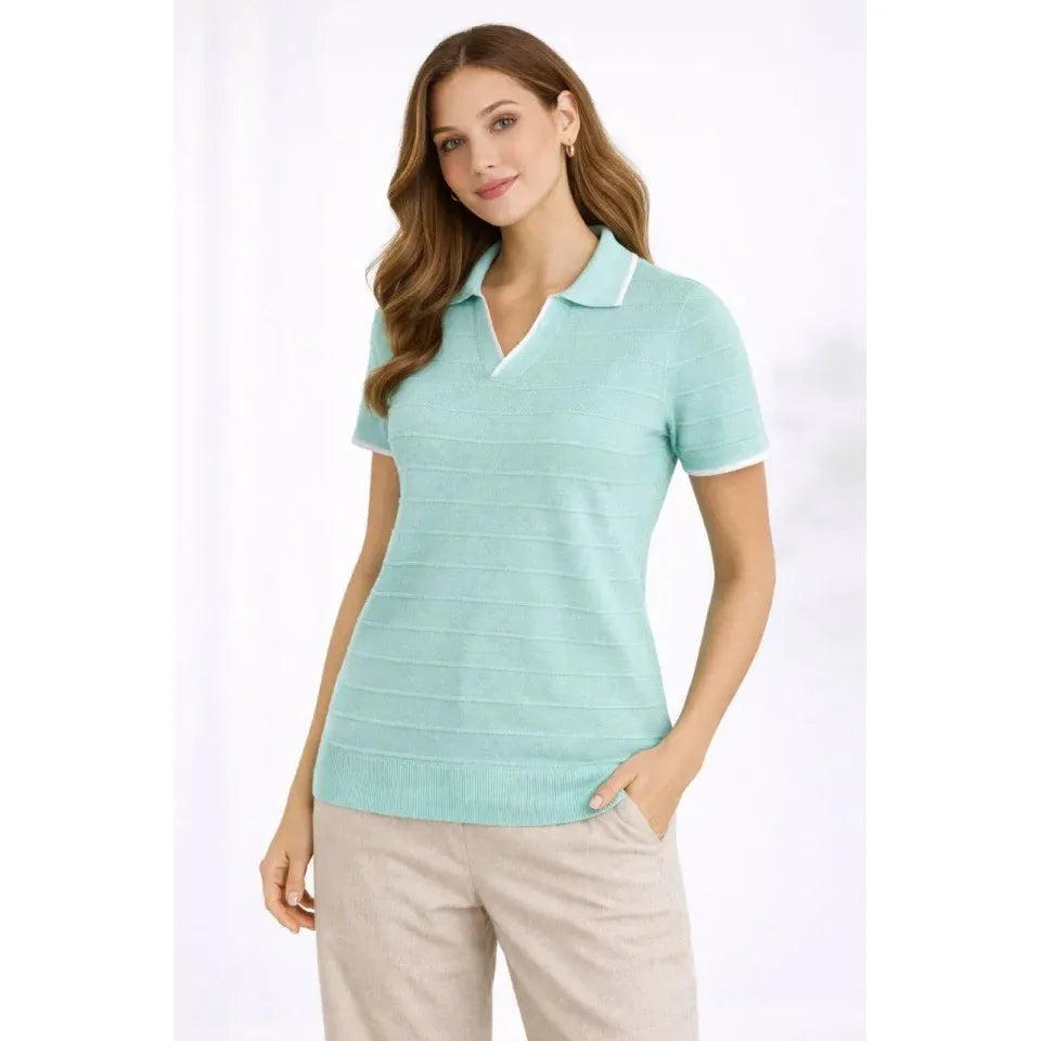 Triko Kumaş Yakalı Düğmesiz Açık Yaka Fitilli Kısa Kollu Regular Fit Tişört T-shirt - Mint Yeşili