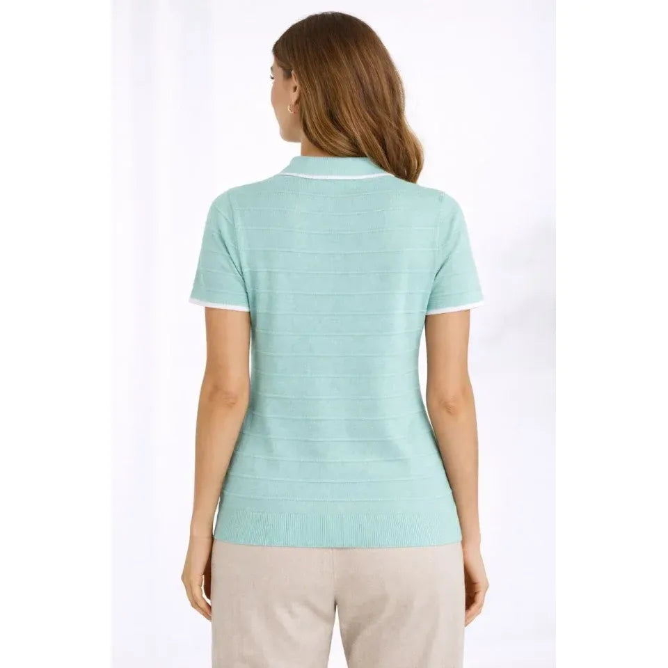 Triko Kumaş Yakalı Düğmesiz Açık Yaka Fitilli Kısa Kollu Regular Fit Tişört T-shirt - Mint Yeşili