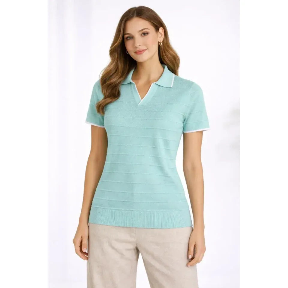 Triko Kumaş Yakalı Düğmesiz Açık Yaka Fitilli Kısa Kollu Regular Fit Tişört T-shirt - Mint Yeşili