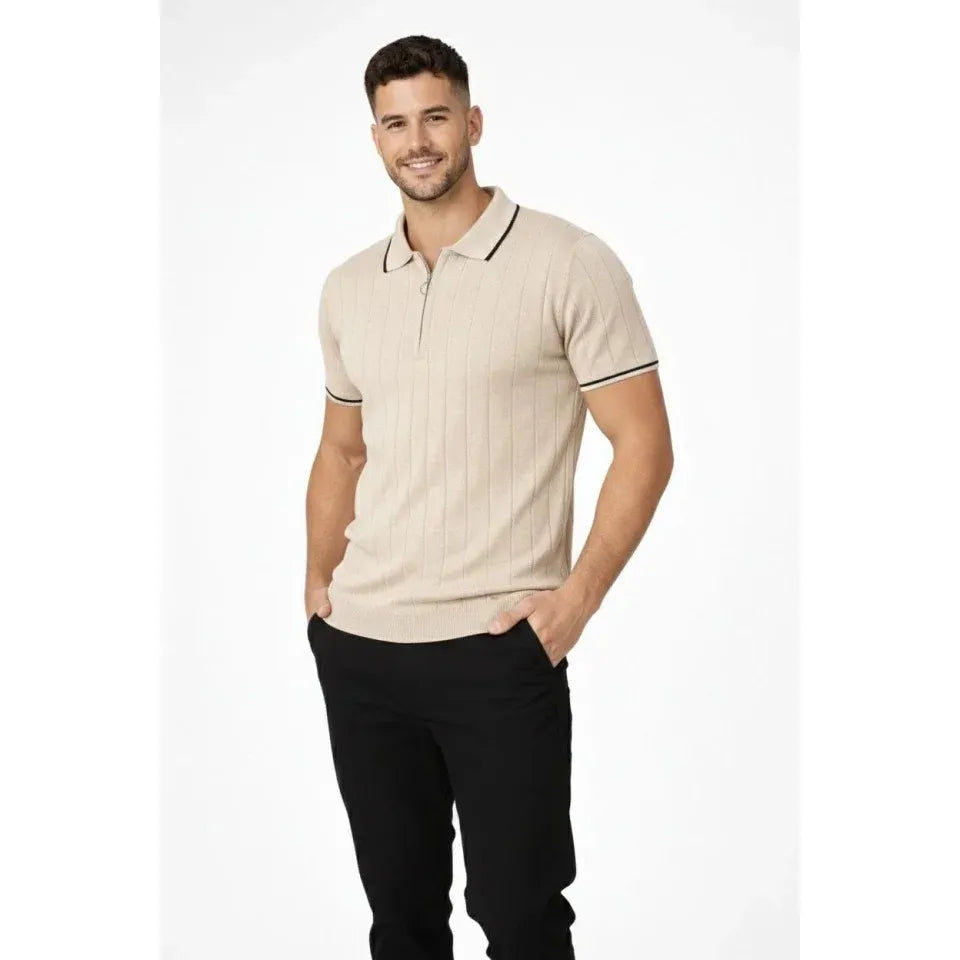 Erkek Fermuarlı Yaka Fitilli Triko Kısa Kollu Regular Fit Tişört T-shirt - Bej