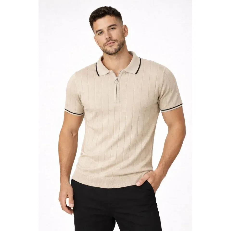 Erkek Fermuarlı Yaka Fitilli Triko Kısa Kollu Regular Fit Tişört T-shirt - Bej