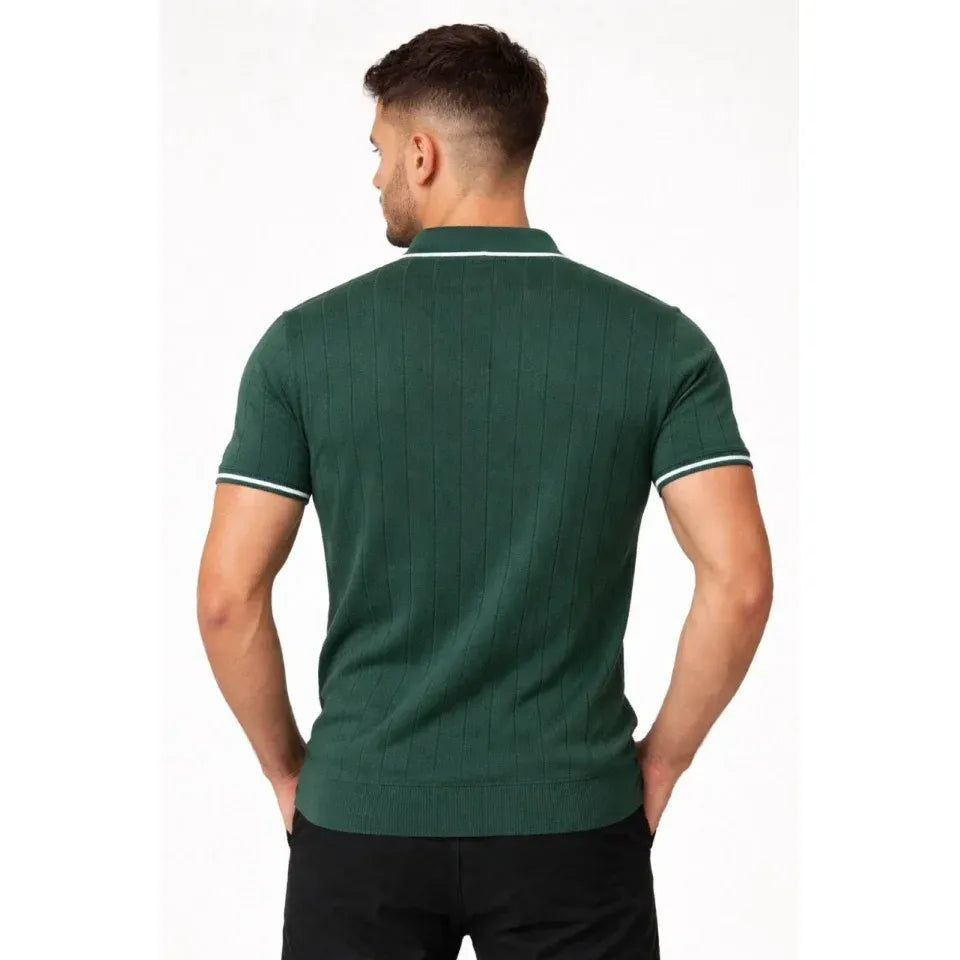 Erkek Fermuarlı Yaka Fitilli Triko Kısa Kollu Regular Fit Tişört T-shirt - Yeşil
