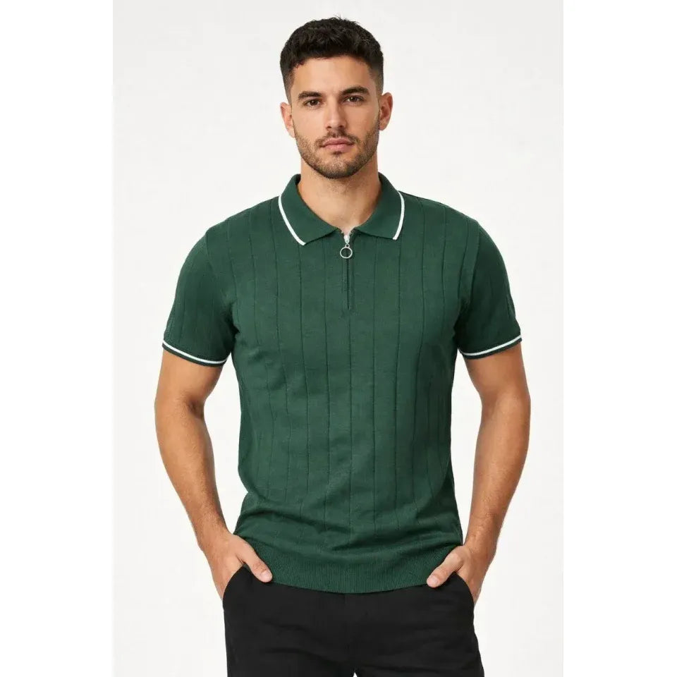 Erkek Fermuarlı Yaka Fitilli Triko Kısa Kollu Regular Fit Tişört T-shirt - Yeşil