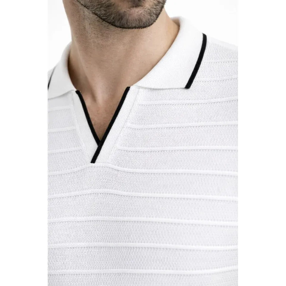 Erkek Triko Kumaş Yakalı Düğmesiz Açık Yaka Fitilli Kısa Kollu Regular Fit Tişört T-shirt - Beyaz