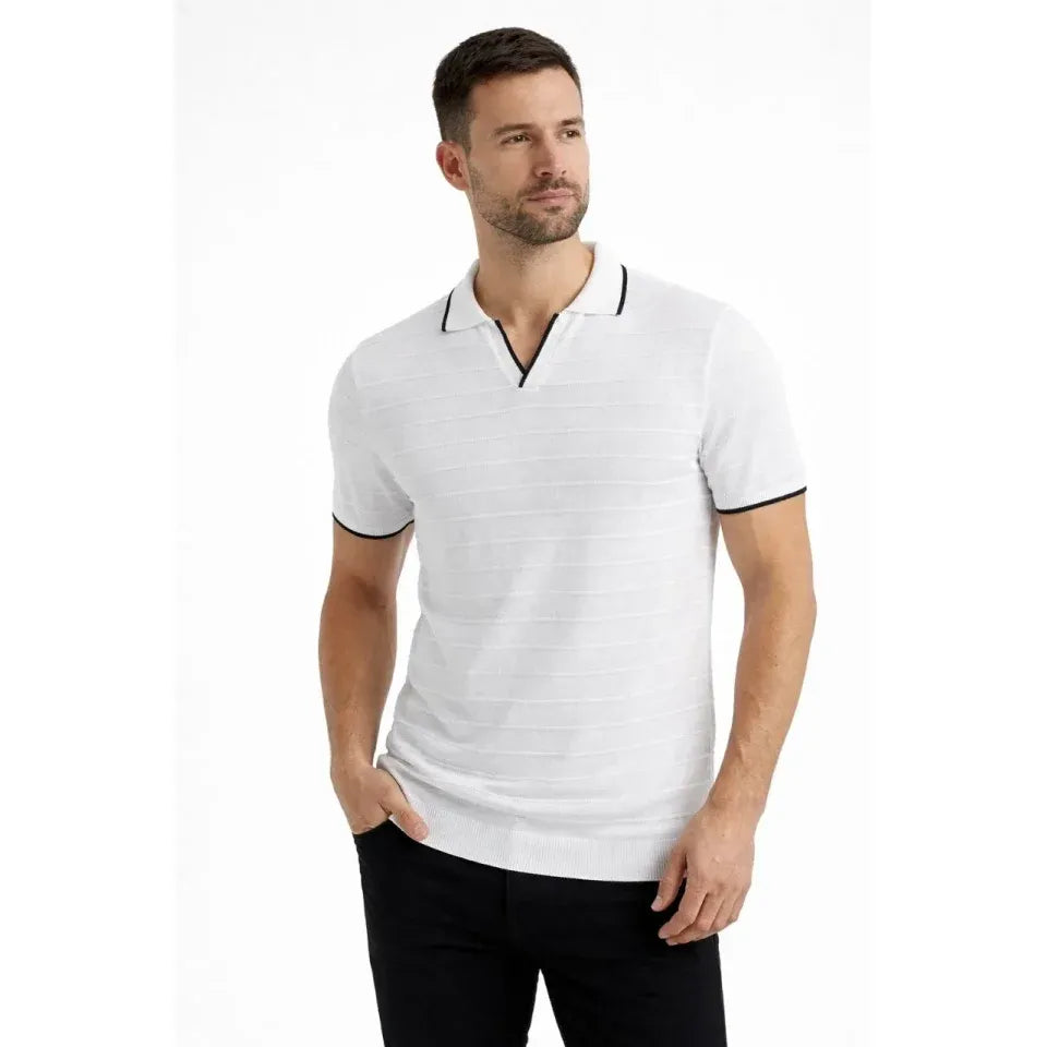 Erkek Triko Kumaş Yakalı Düğmesiz Açık Yaka Fitilli Kısa Kollu Regular Fit Tişört T-shirt - Beyaz