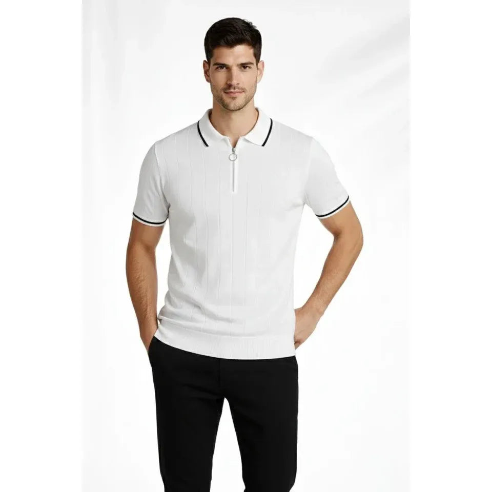 Erkek Fermuarlı Yaka Fitilli Triko Kısa Kollu Regular Fit Tişört T-shirt - Beyaz