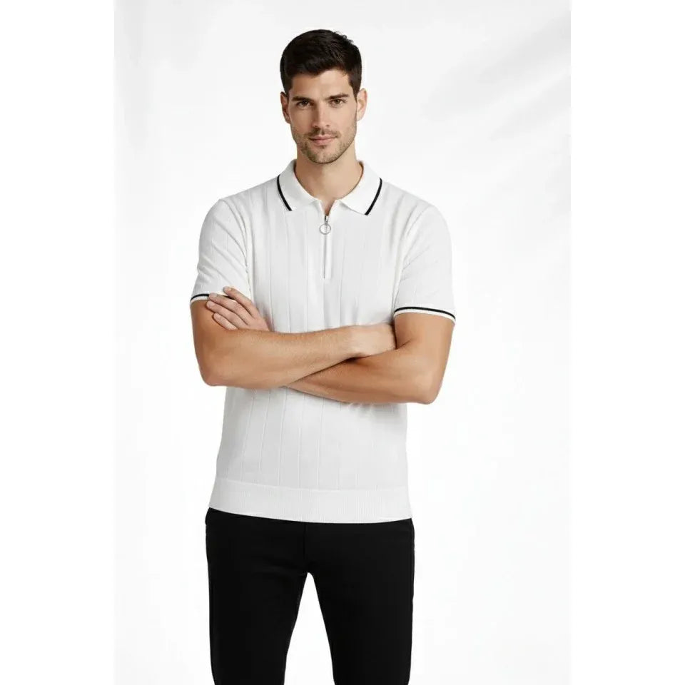 Erkek Fermuarlı Yaka Fitilli Triko Kısa Kollu Regular Fit Tişört T-shirt - Beyaz