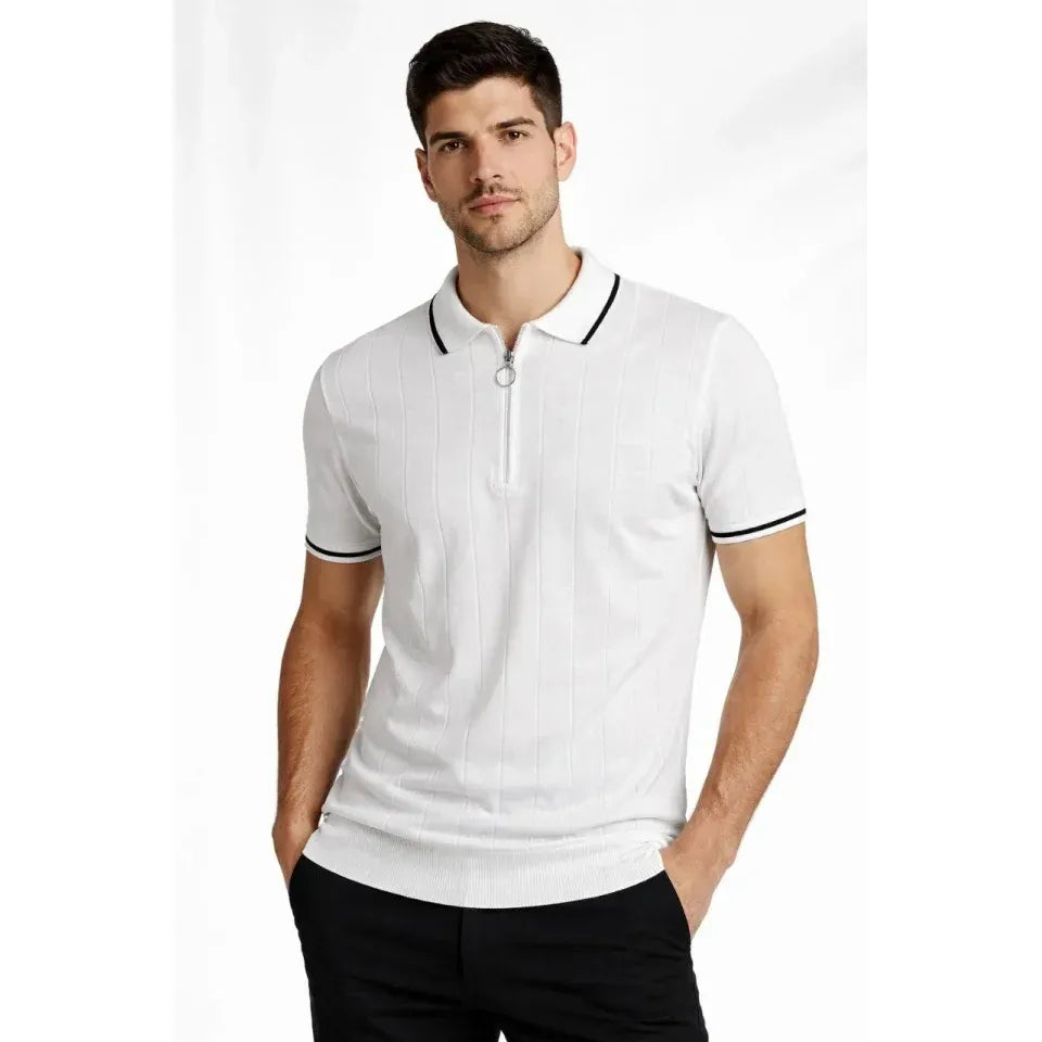Erkek Fermuarlı Yaka Fitilli Triko Kısa Kollu Regular Fit Tişört T-shirt - Beyaz