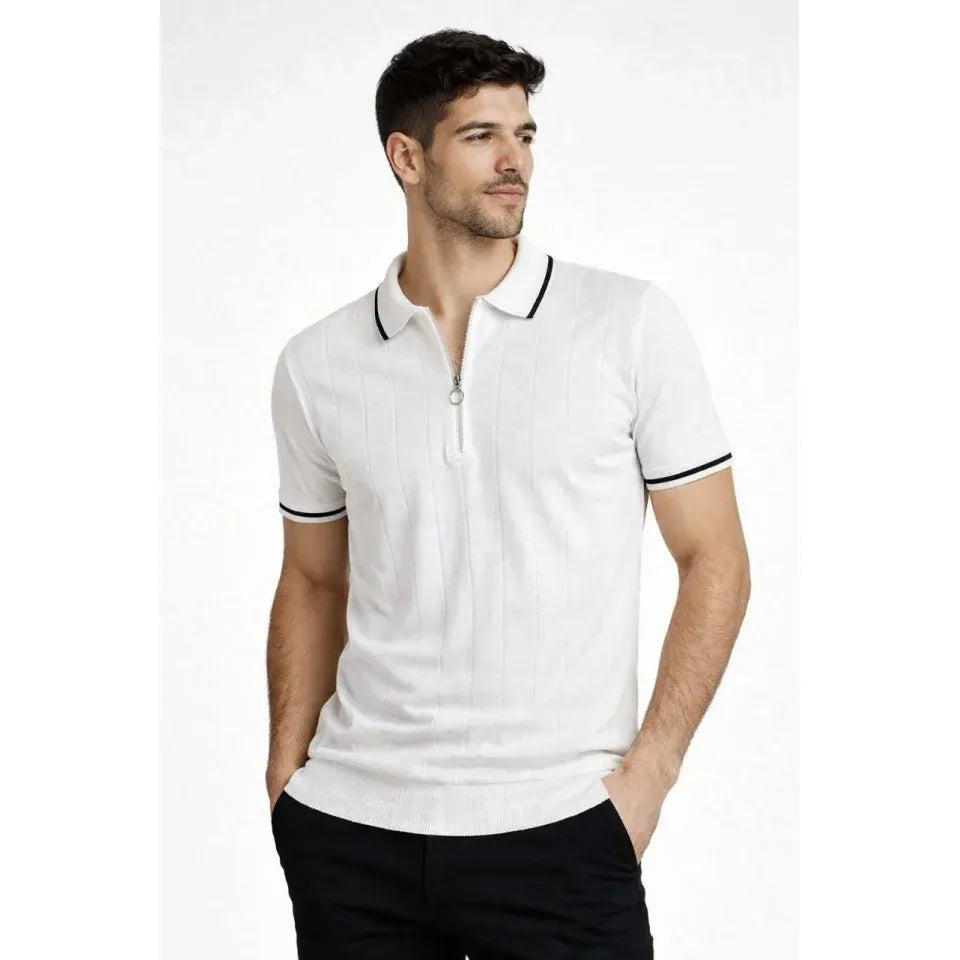 Erkek Fermuarlı Yaka Fitilli Triko Kısa Kollu Regular Fit Tişört T-shirt - Beyaz