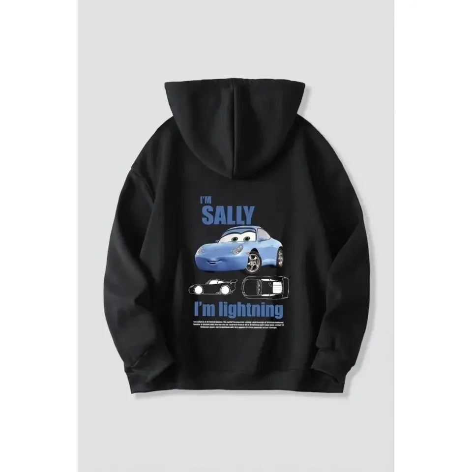 Sevgililer Günü Özel Kapüşonlu Araba Baskılı Oversize Sweatshirt - Siyah
