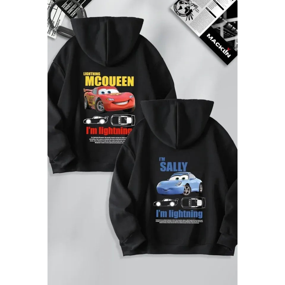 Sevgililer Günü Özel Kapüşonlu Araba Baskılı Oversize Sweatshirt - Siyah