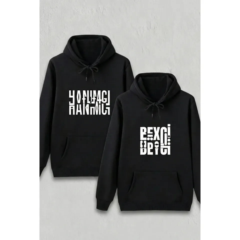 Sevgililer Günü Özel Kapüşonlu Beyci Baskılı Oversize Sweatshirt - Siyah